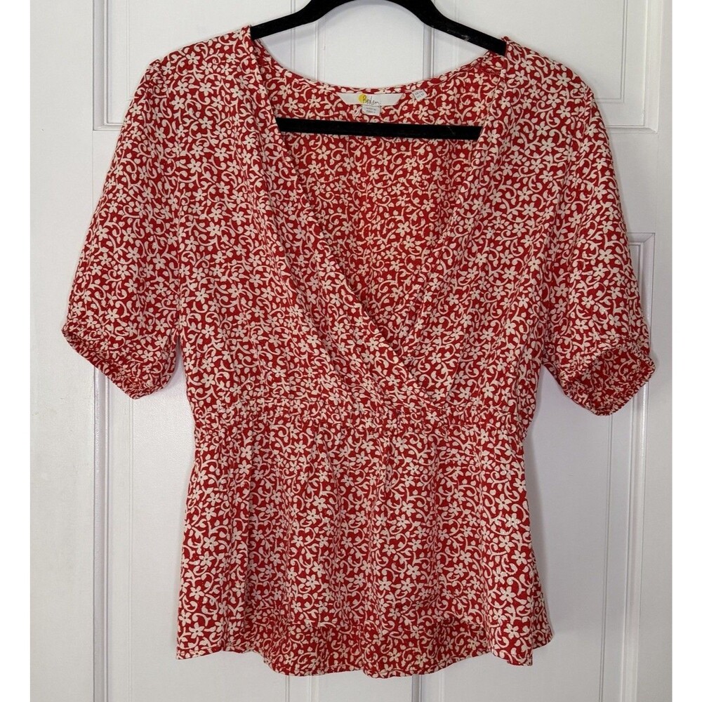 Boden Floral Wrap Top Womens 10 Red Ivory Elastic Waist Peplum Cottagecore